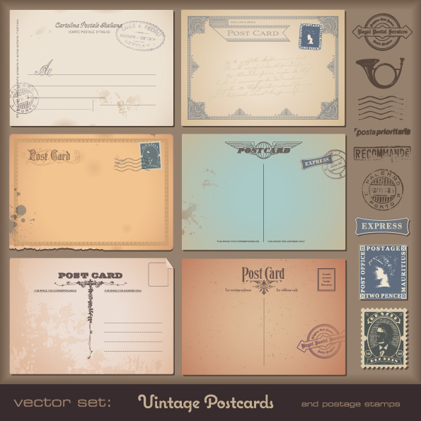 free vector Vintage postcards and postage stamps 02 vector